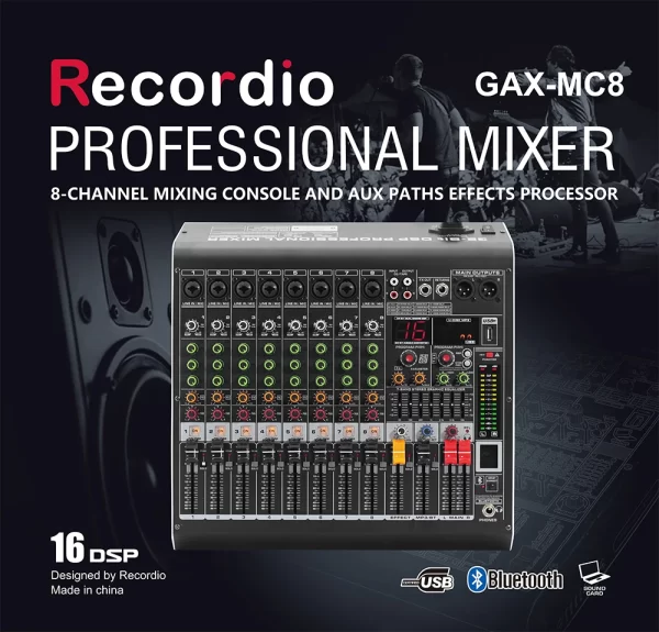 GAX-MC8 8 Channel Bluetooth Mixer 24 Bit DSP Digital Effect Sound Mixing Console Equipment USB 48V DJ Mixing Studio Equipment - Image 4