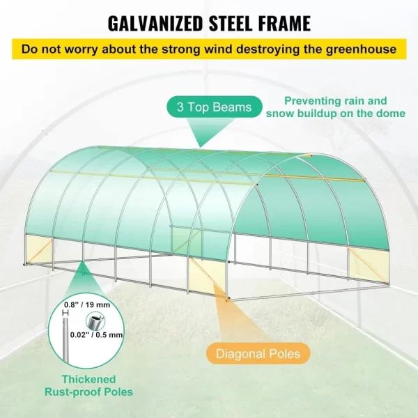 20 x 10 x 7 ft Walk-in Tunnel Greenhouse, Portable Plant Hot House with Galvanized Steel Hoops - 3 Top Beams, 2 Zippered Doors - Image 2