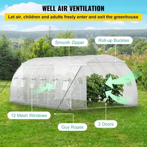 20 x 10 x 7 ft Walk-in Tunnel Greenhouse, Portable Plant Hot House with Galvanized Steel Hoops - 3 Top Beams, 2 Zippered Doors - Image 4