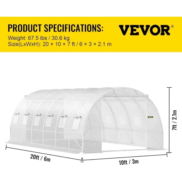 20 x 10 x 7 ft Walk-in Tunnel Greenhouse, Portable Plant Hot House with Galvanized Steel Hoops - 3 Top Beams, 2 Zippered Doors - Image 6