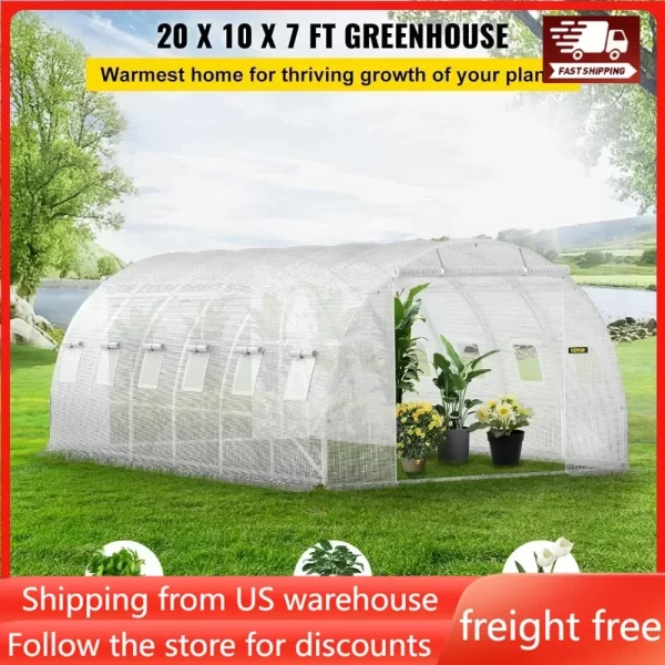 20 x 10 x 7 ft Walk-in Tunnel Greenhouse, Portable Plant Hot House with Galvanized Steel Hoops - 3 Top Beams, 2 Zippered Doors