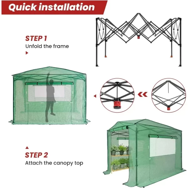 8'x12' Portable Greenhouse Pop-up Greenhouse Indoor Outdoor Plant Gardening Canopy, 2 Roll-Up Zipper Doors and 4 Side Windows - Image 2