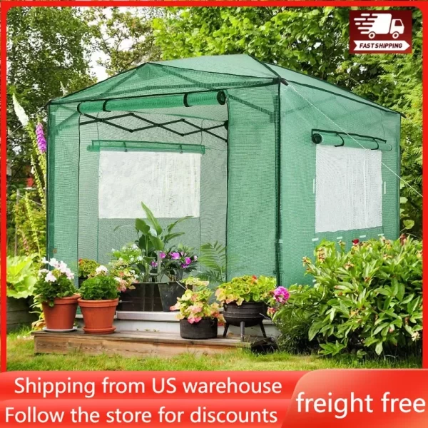 8'x12' Portable Greenhouse Pop-up Greenhouse Indoor Outdoor Plant Gardening Canopy, 2 Roll-Up Zipper Doors and 4 Side Windows