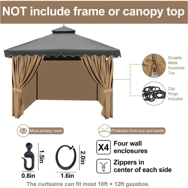 Gazebo Privacy Curtains 10' X 12' With Zipper 4-Panels Side Wall Universal Replacement for Patio Outdoor Canopy Gazebo - Image 3