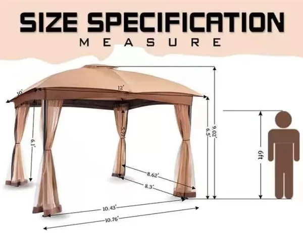 10x12 Gazebo, Double Vent Canopy Gazebo, Outdoor Gazebo with Privacy Netting, Easy Setup Gazebo for Patio, - Image 3