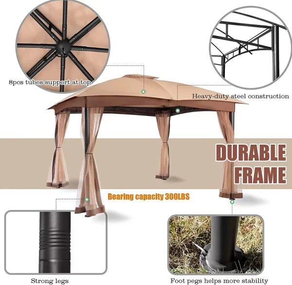 10x12 Gazebo, Double Vent Canopy Gazebo, Outdoor Gazebo with Privacy Netting, Easy Setup Gazebo for Patio, - Image 4
