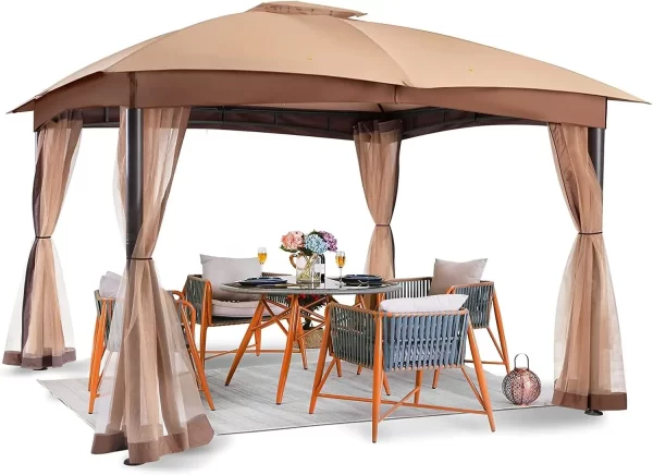 10x12 Gazebo, Double Vent Canopy Gazebo, Outdoor Gazebo with Privacy Netting, Easy Setup Gazebo for Patio,