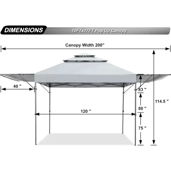 200" X 120" X 114.5" Pop up Gazebo Canopy 3-Tier Instant Canopy with Adjustable Dual Half Awnings (Gray) - Image 2